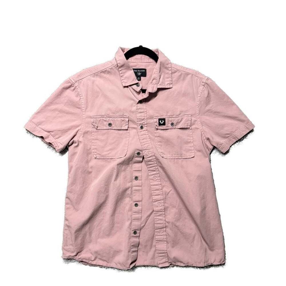 True Religion Men's Short Sleeve Button Down Shirt Pink Size S